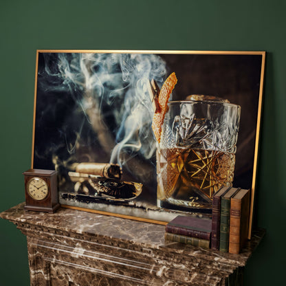 Whiskey and Cigar Canvas Print in antique gold floating frame