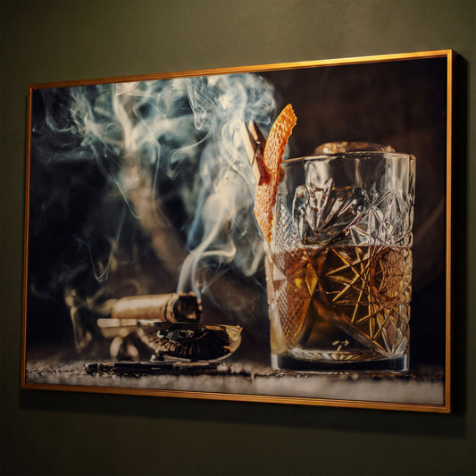 Whiskey and Cigar Canvas Print shown in antique gold floating frame