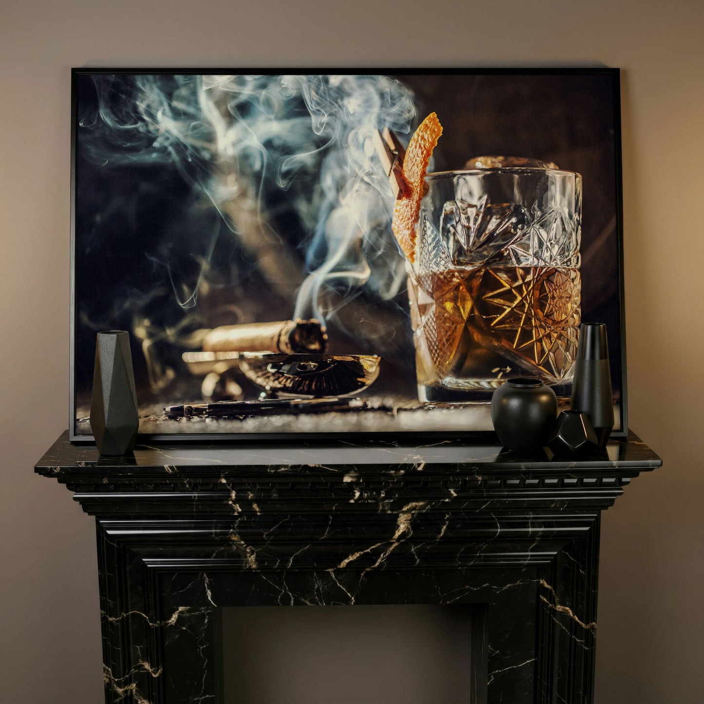 Whiskey and Cigar Canvas Print in black floating frame