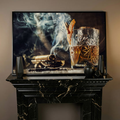Whiskey and Cigar Canvas Print in black floating frame