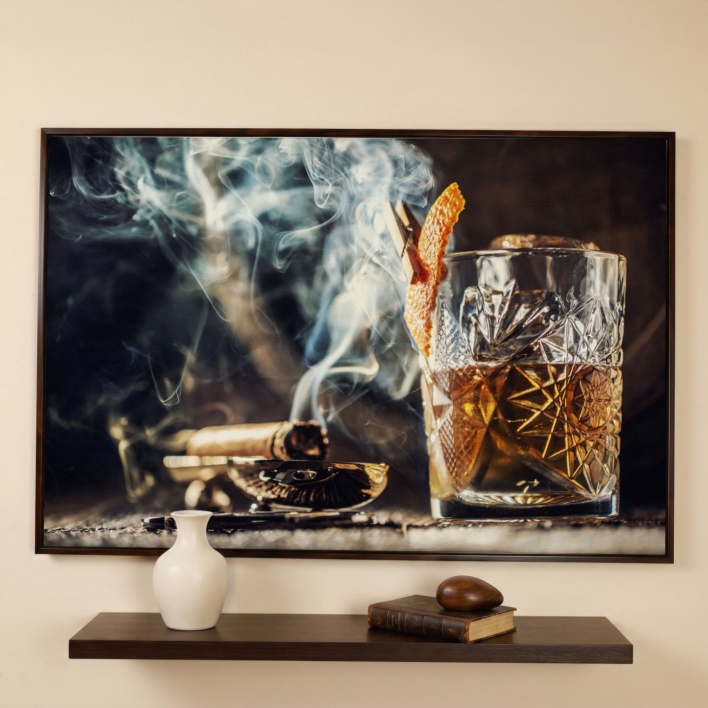 Whiskey and Cigar Canvas Print in dark walnut floating frame