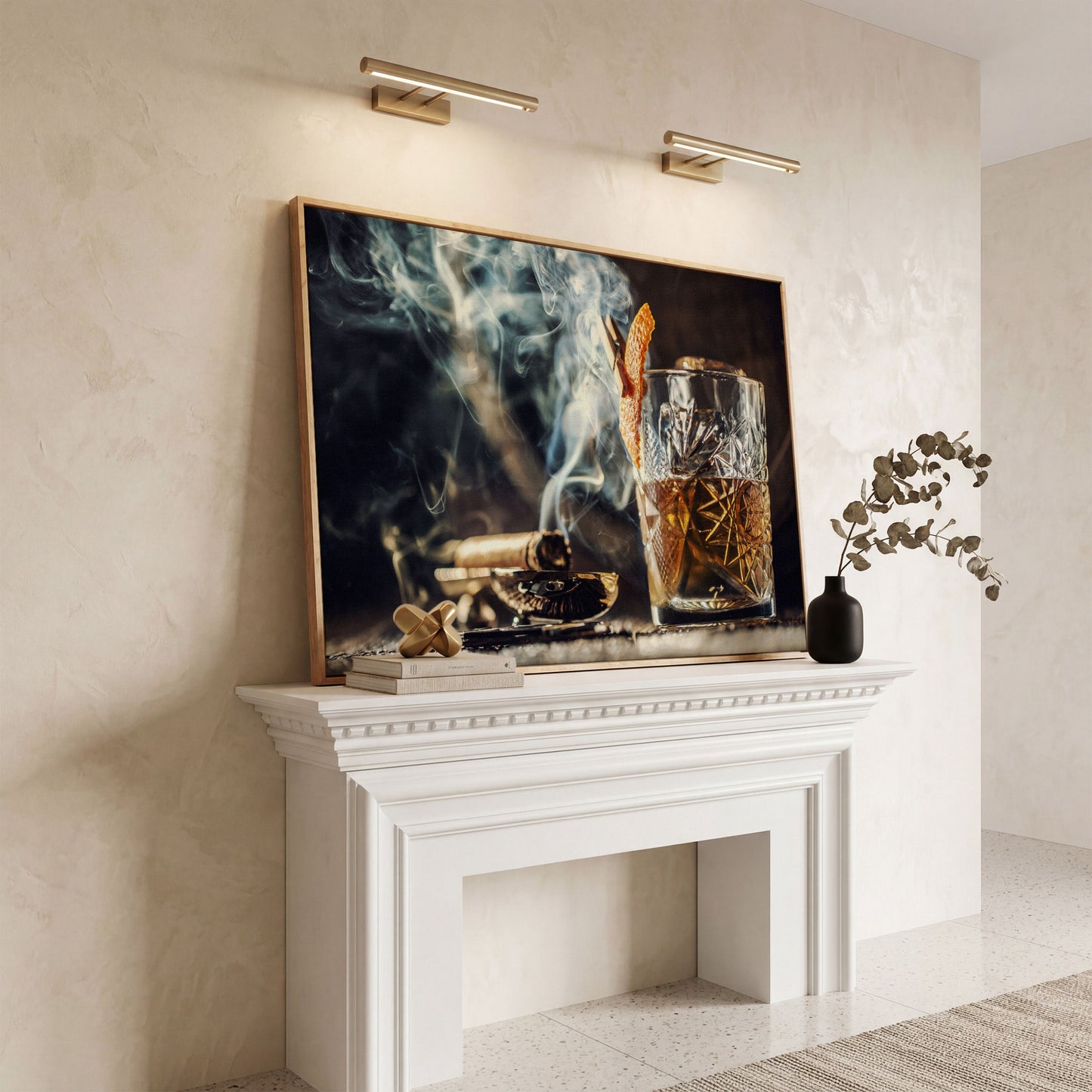Whiskey and Cigar Canvas Print in white oak floating frame