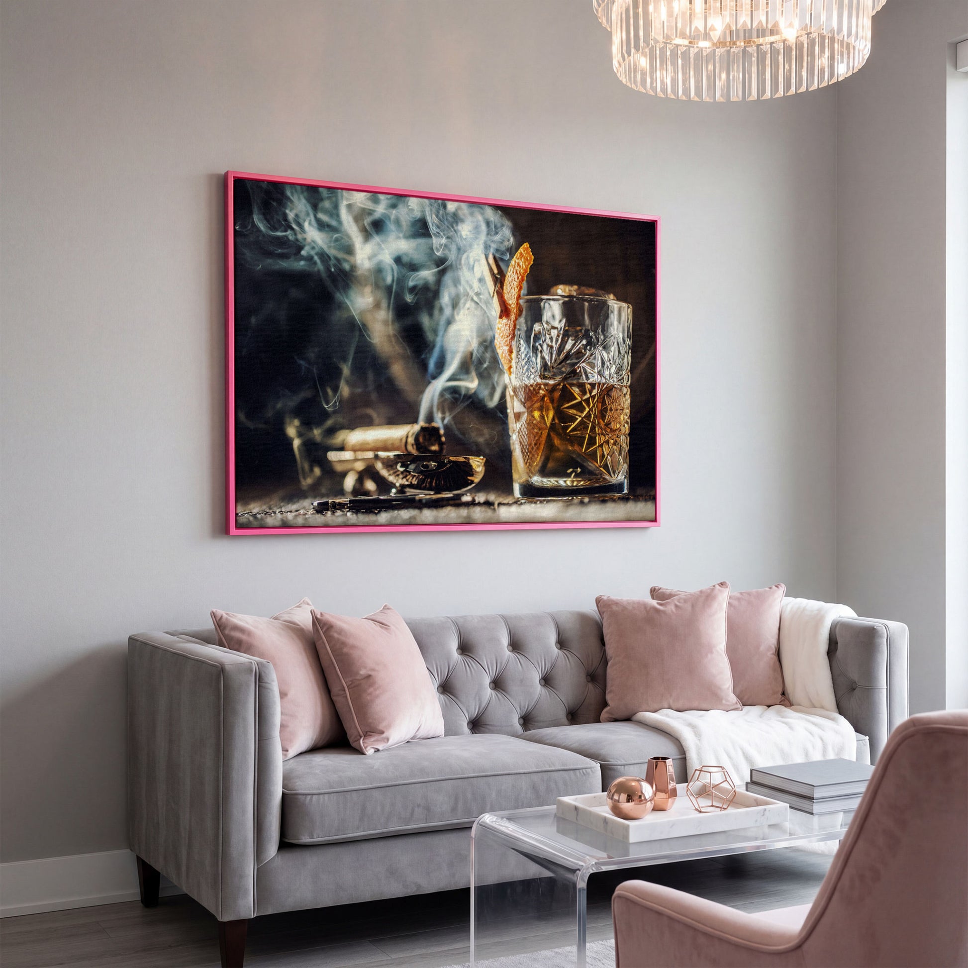 Whiskey and Cigar Canvas Print in pink floating frame
