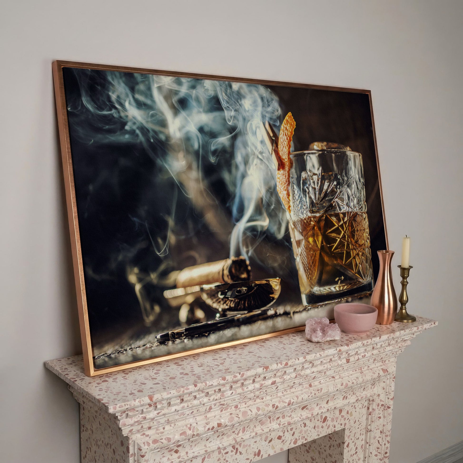Whiskey and Cigar Canvas Print in rose gold floating frame