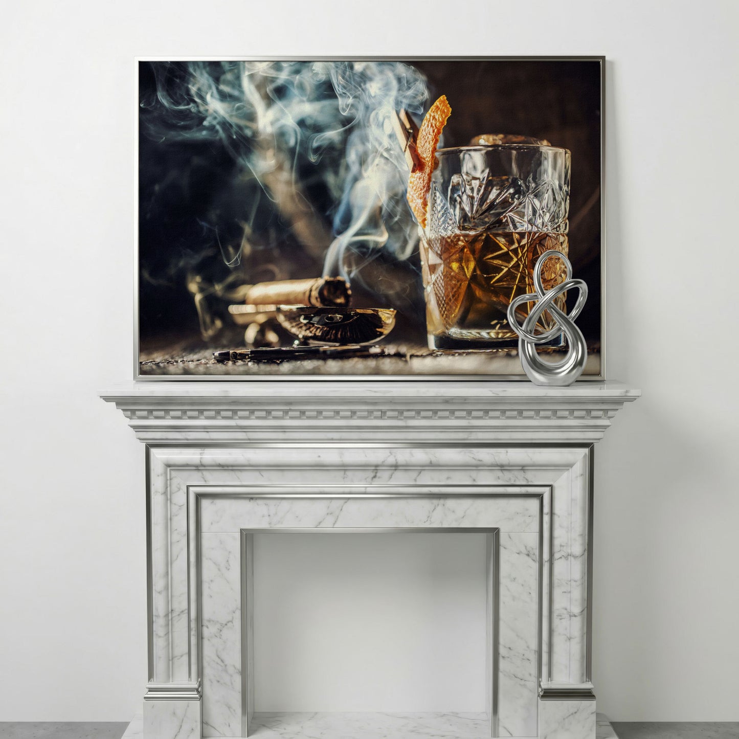 Whiskey and Cigar Canvas Print in silver floating frame
