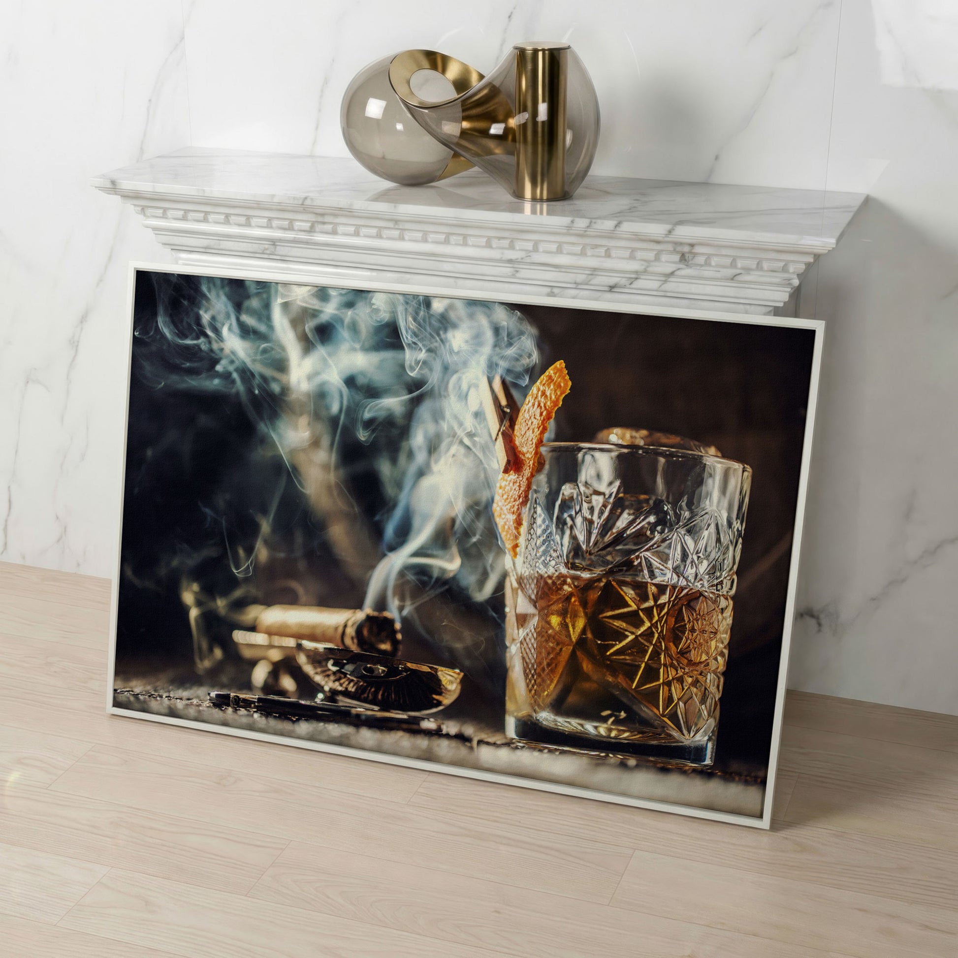 Whiskey and Cigar Canvas Print in white floating frame