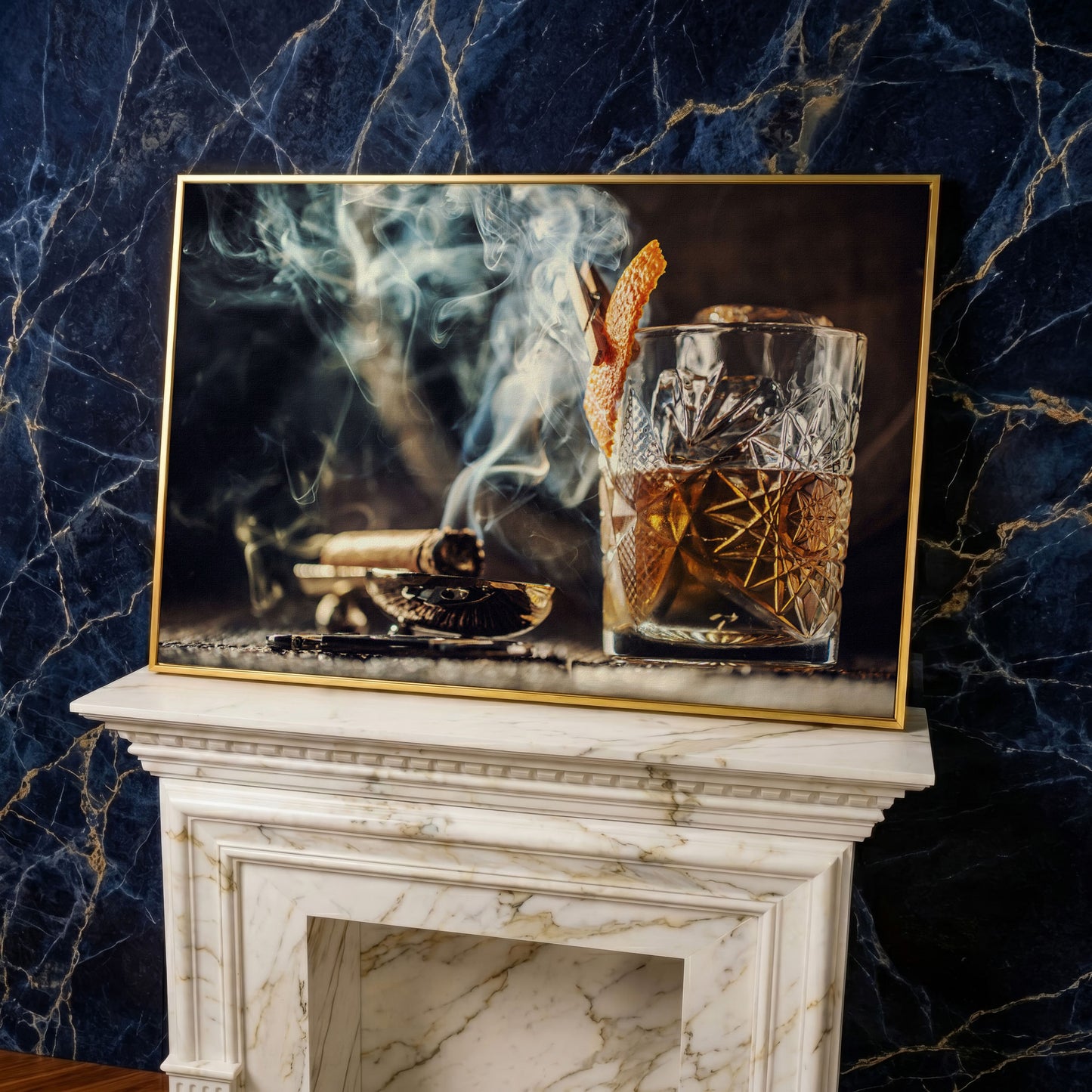Whiskey and Cigar Canvas Print in yellow gold floating frame