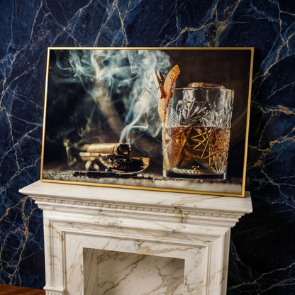 Whiskey and Cigar Canvas Print in yellow gold floating frame