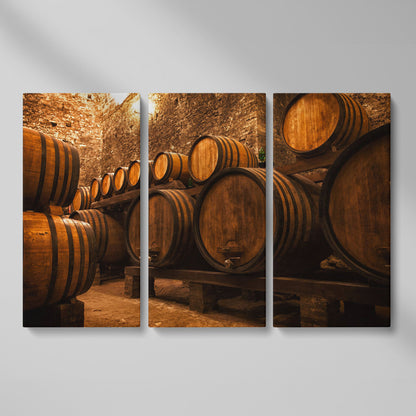 Wine Cellar with Oak Barrels Canvas Art as 3-panel split version