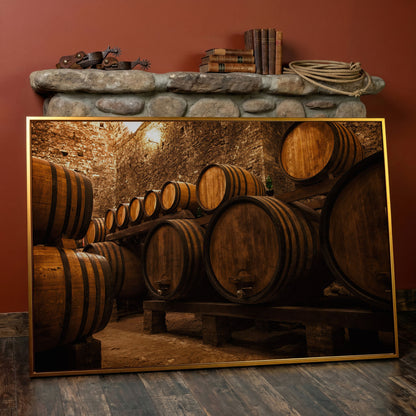 Wine Cellar with Oak Barrels Canvas Art in antique gold floating frame