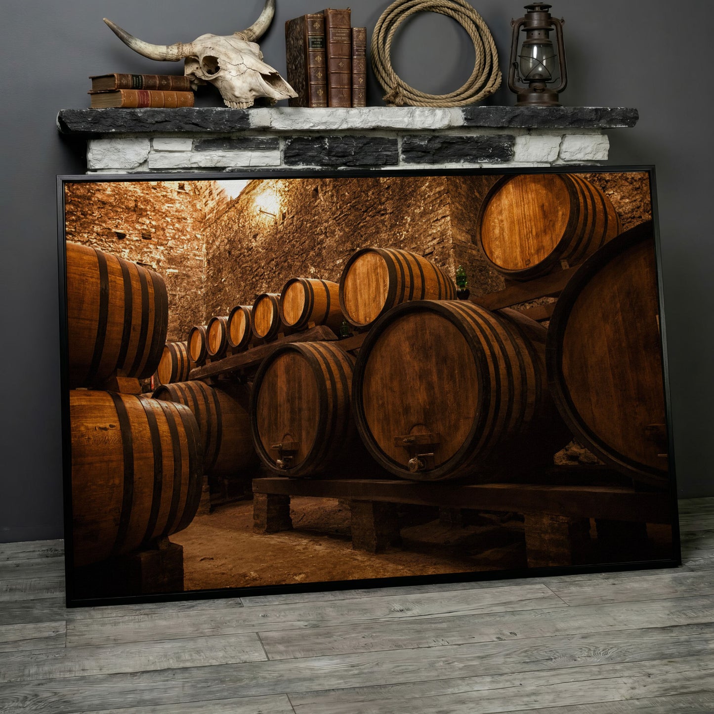 Wine Cellar with Oak Barrels Canvas Art in black floating frame