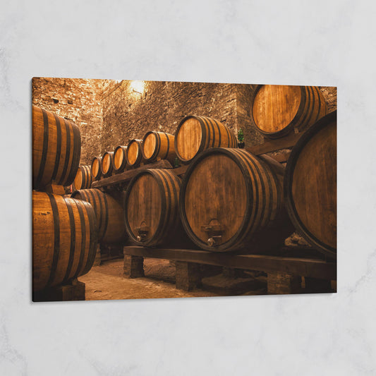 Wine Cellar with Oak Barrels Canvas Art on gallery wrap