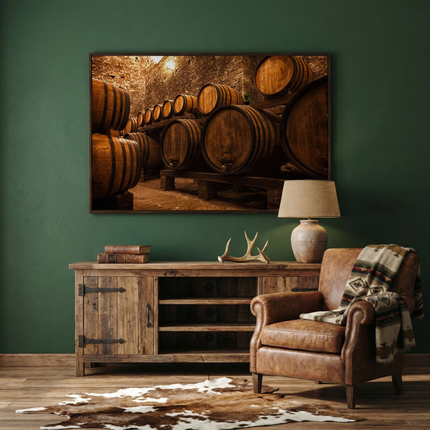 Wine Cellar with Oak Barrels Canvas Art in dark walnut floating frame