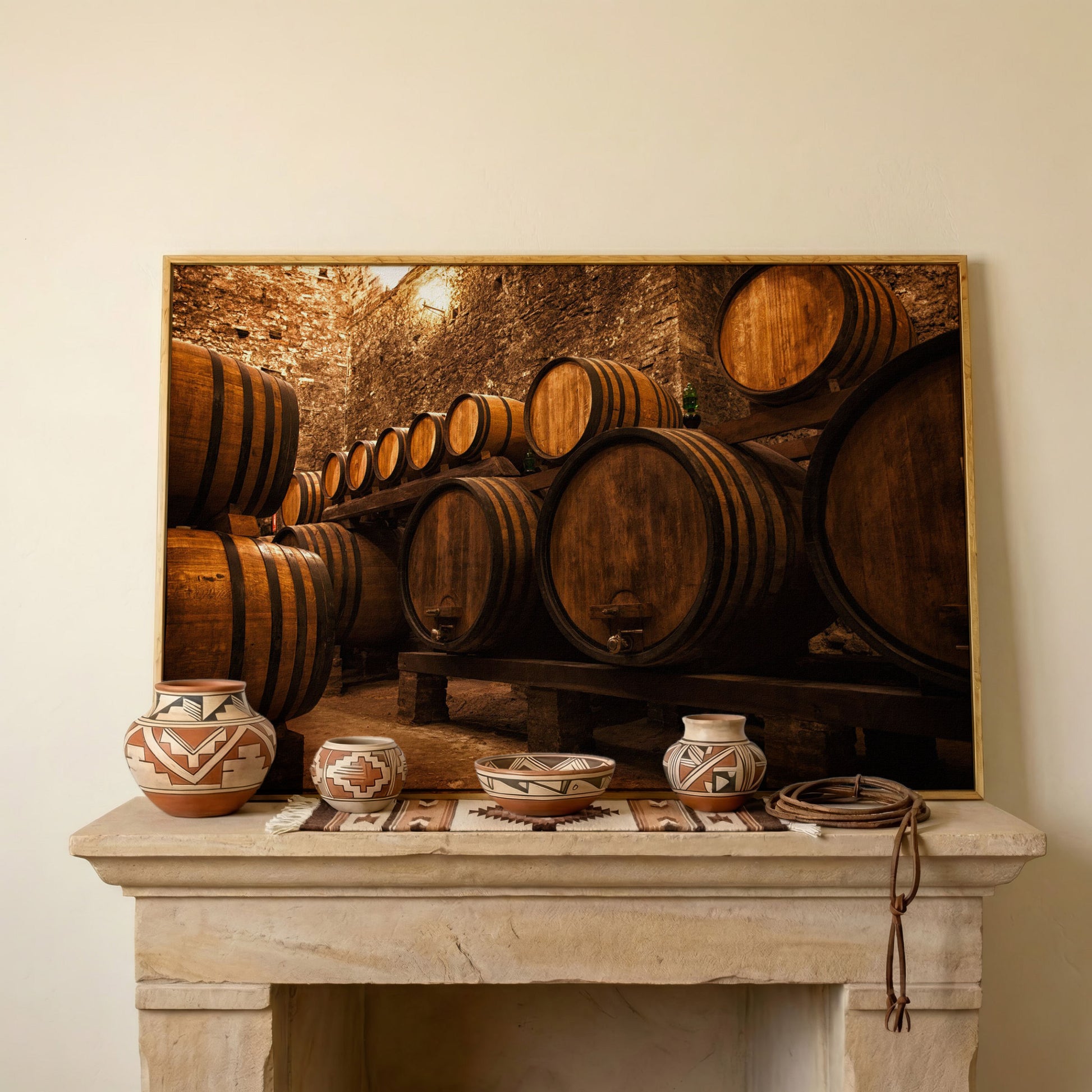 Wine Cellar with Oak Barrels Canvas Art in white oak floating frame