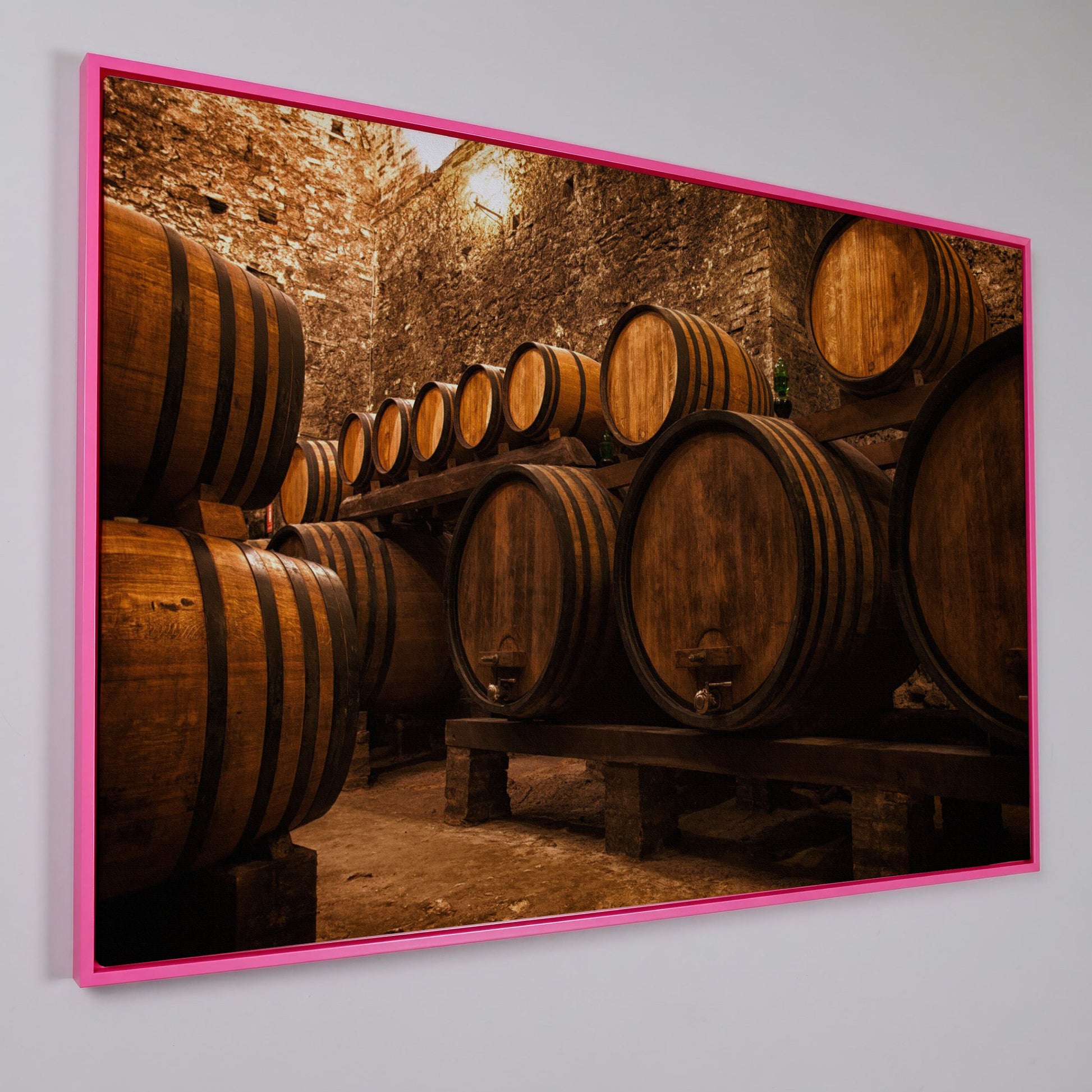 Wine Cellar with Oak Barrels Canvas Art in pink floating frame