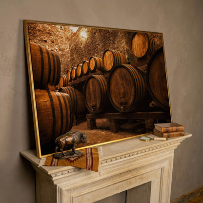 Wine Cellar with Oak Barrels Canvas Art in rose gold floating frame