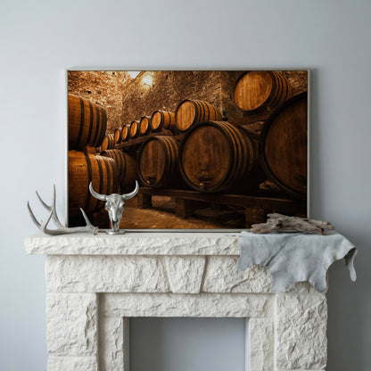 Wine Cellar with Oak Barrels Canvas Art in silver floating frame