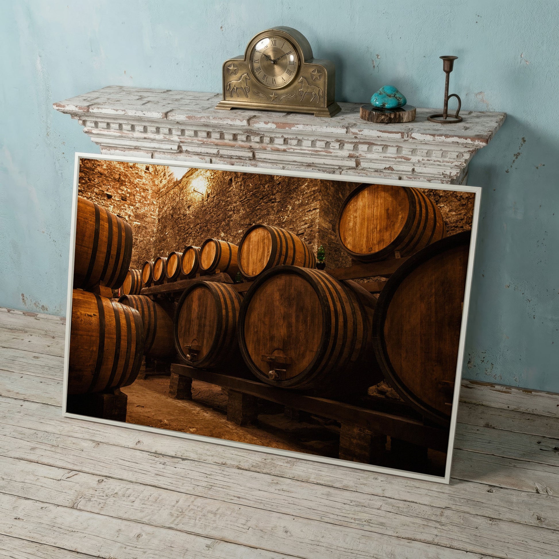 Wine Cellar with Oak Barrels Canvas Art in white floating frame