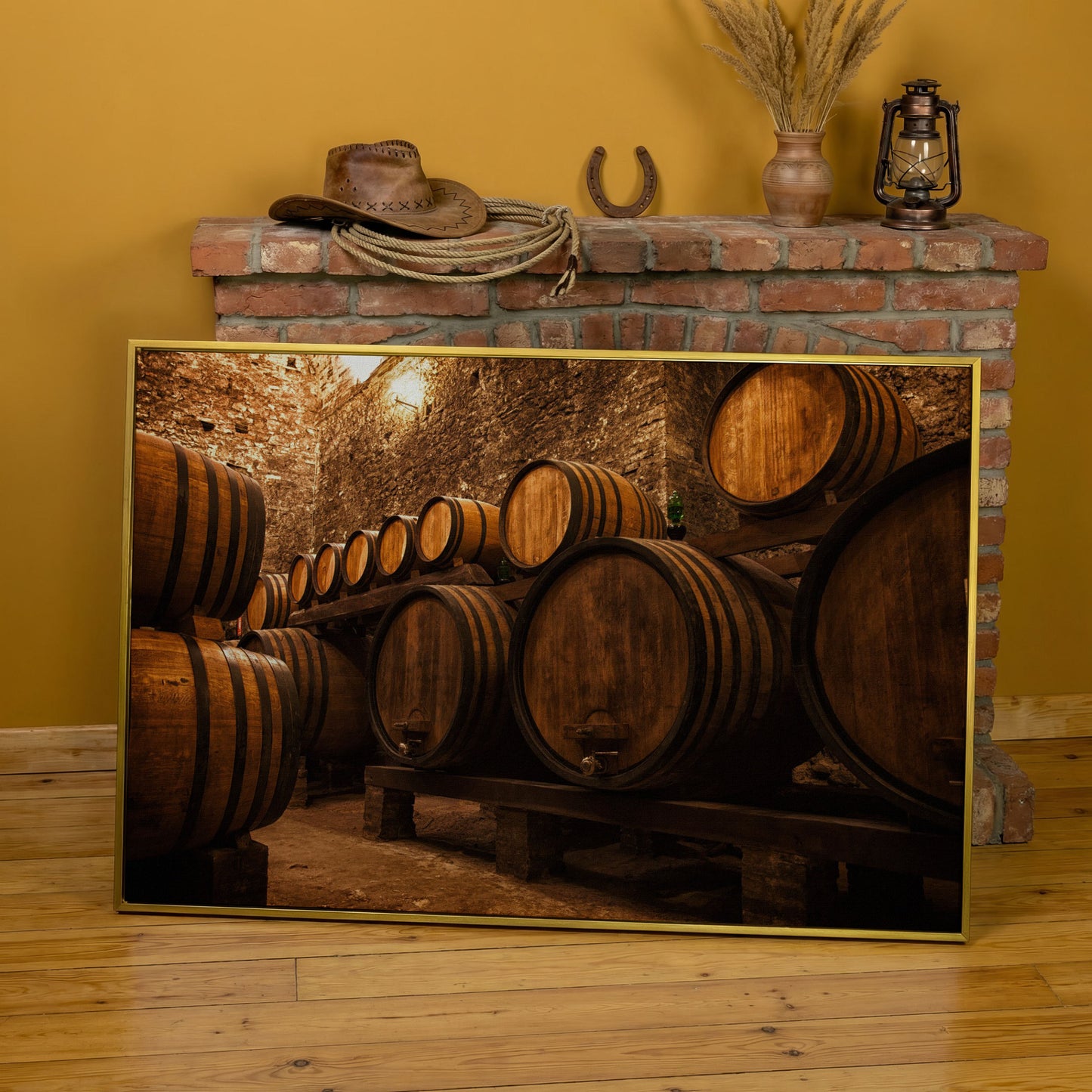 Wine Cellar with Oak Barrels Canvas Art in yellow gold floating frame