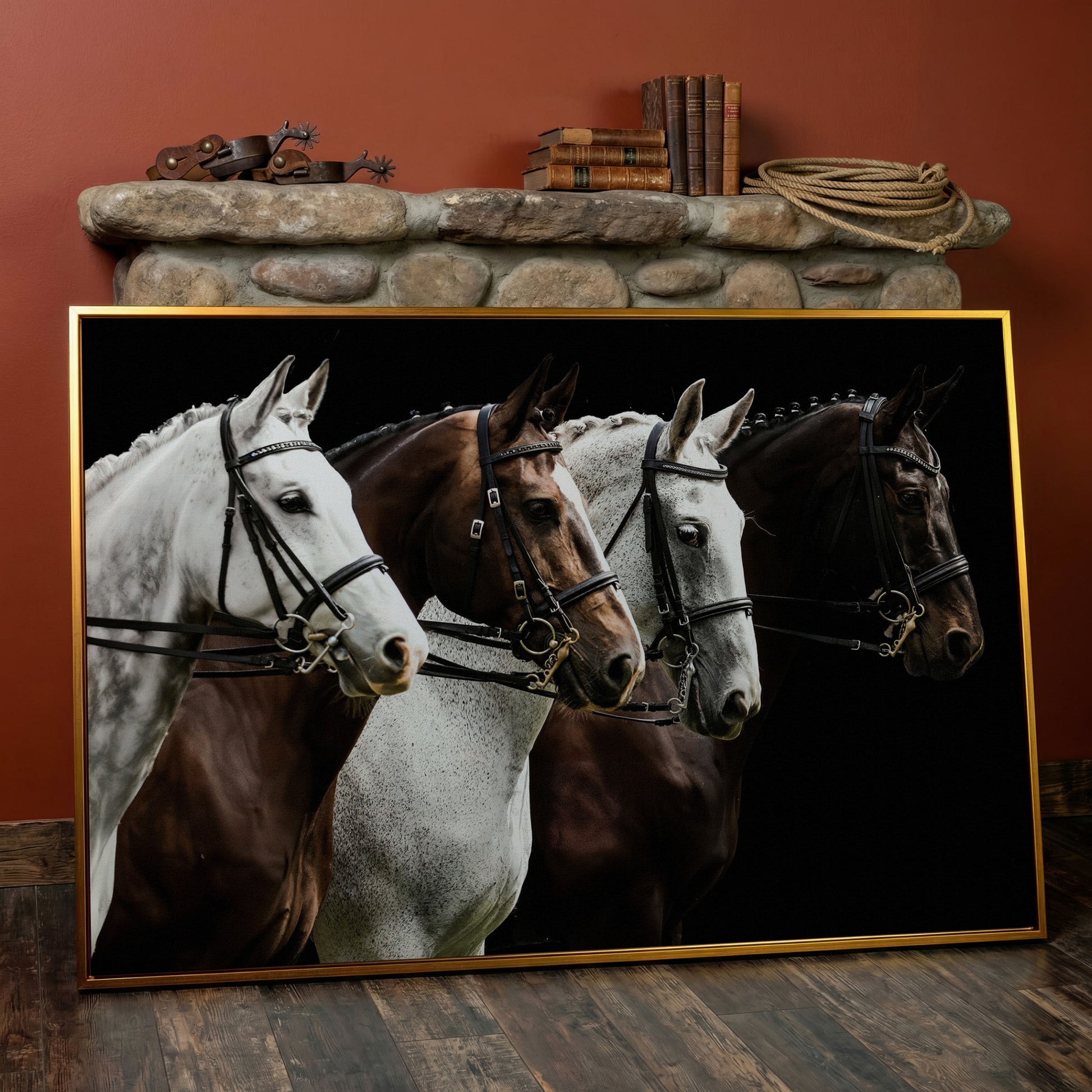 Four Horses in Sepia Canvas Print in antique gold floating frame