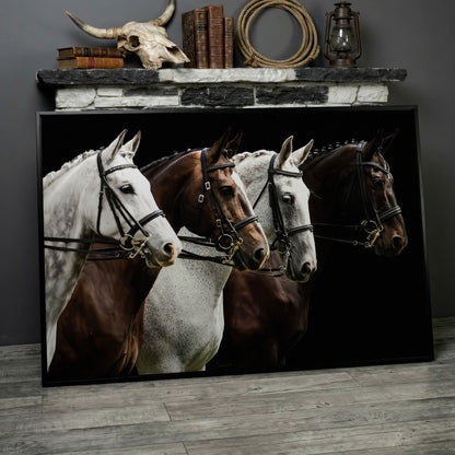 Four Horses in Sepia Canvas Print in black floating frame