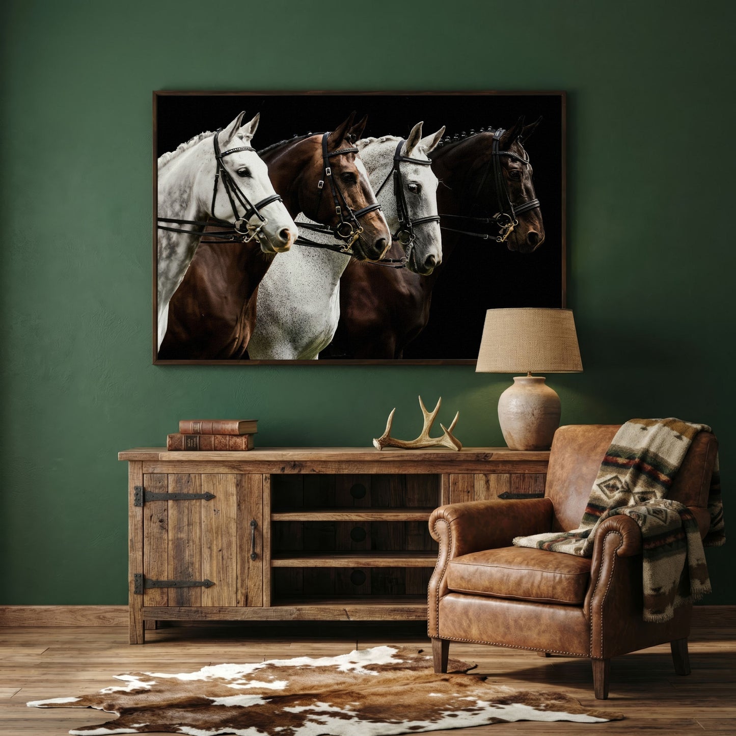 Four Horses in Sepia Canvas Print in dark walnut floating frame