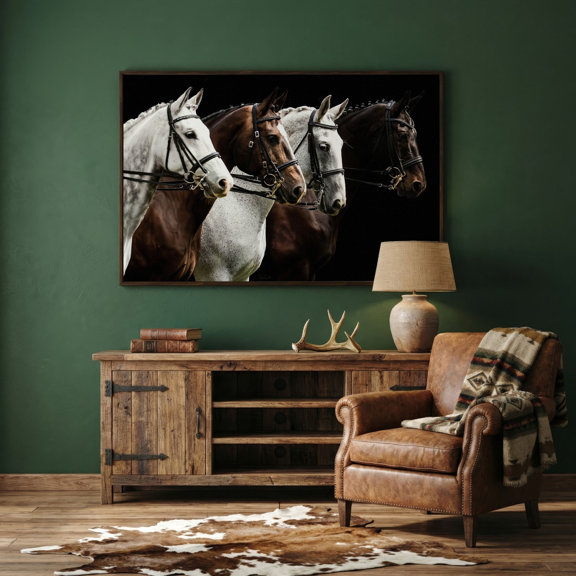Four Horses in Sepia Canvas Print in dark walnut floating frame