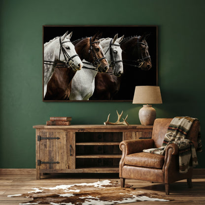 Four Horses in Sepia Canvas Print in dark walnut floating frame