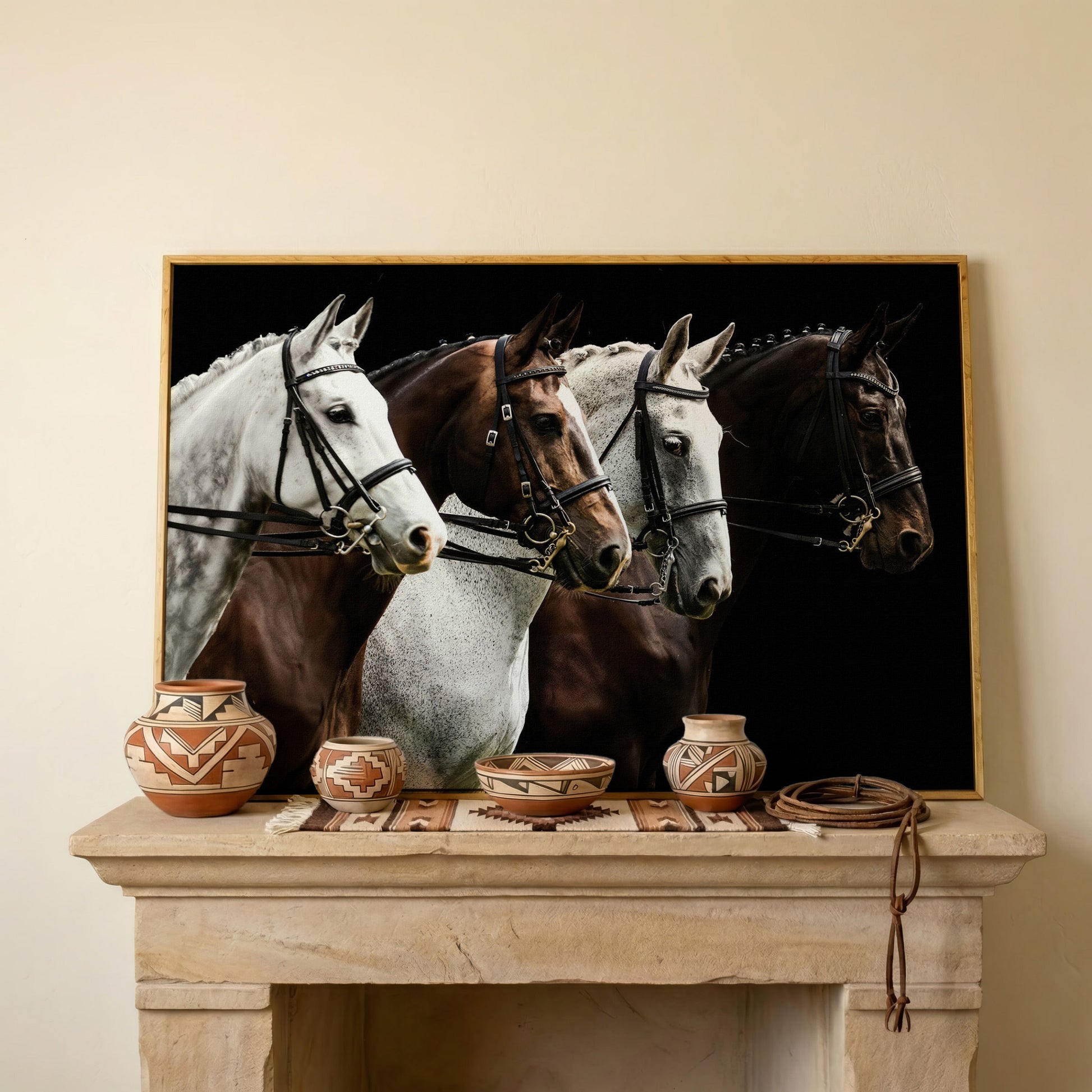 Four Horses in Sepia Canvas Print in white oak floating frame