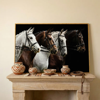 Four Horses in Sepia Canvas Print in white oak floating frame