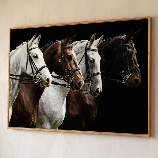 Four Horses in Sepia Canvas Print shown in white oak floating frame