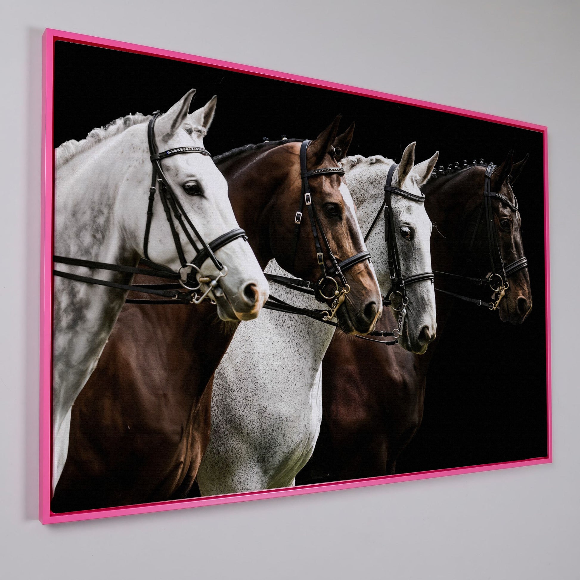 Four Horses in Sepia Canvas Print in pink floating frame