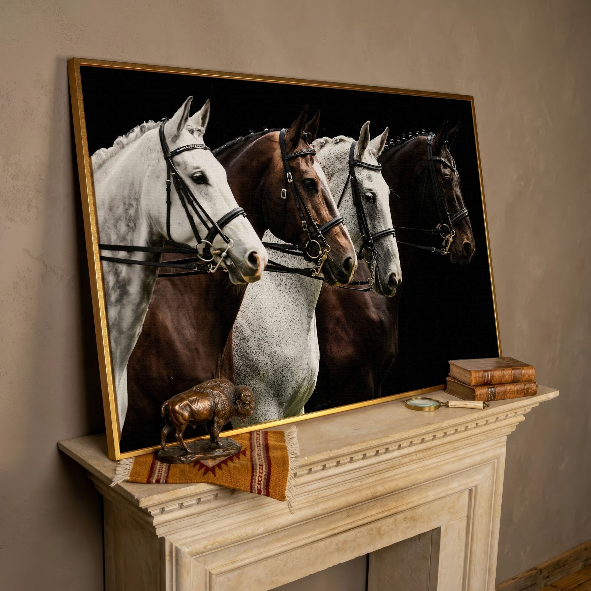 Four Horses in Sepia Canvas Print in rose gold floating frame