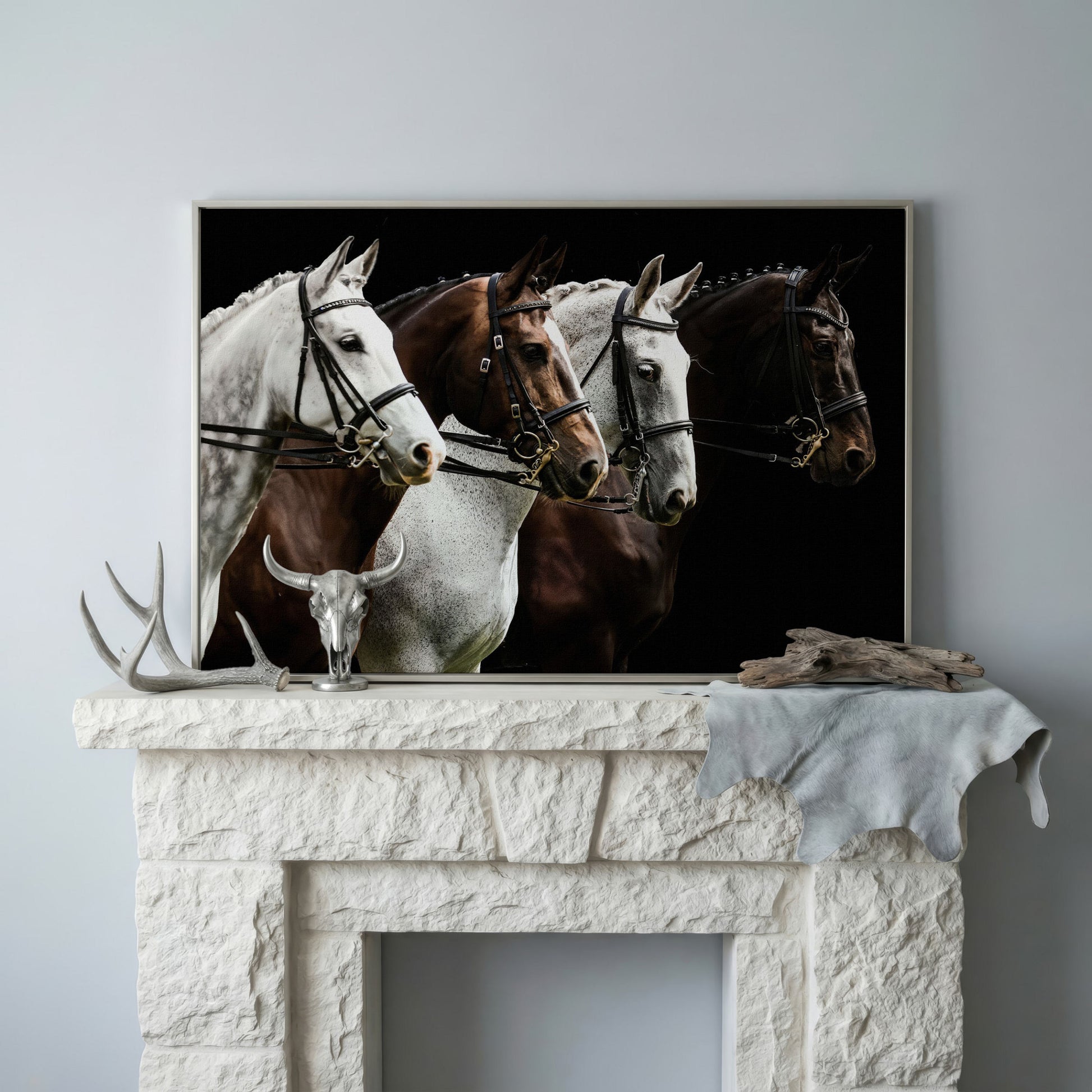 Four Horses in Sepia Canvas Print in silver floating frame