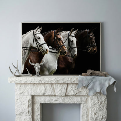 Four Horses in Sepia Canvas Print in silver floating frame