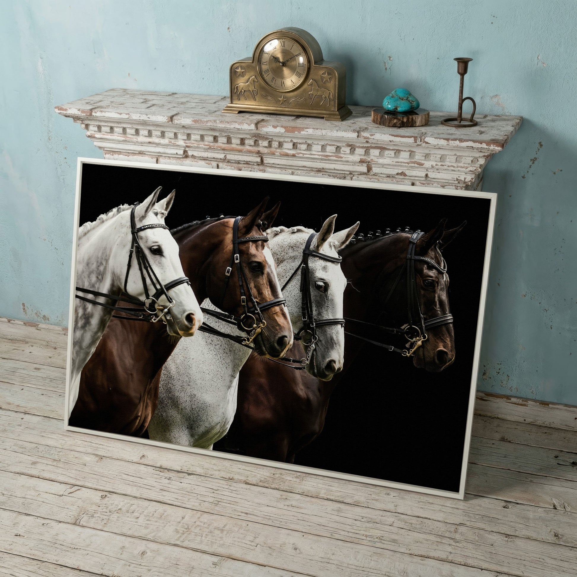 Four Horses in Sepia Canvas Print in white floating frame