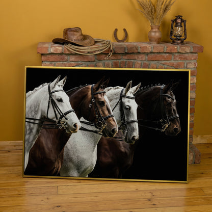 Four Horses in Sepia Canvas Print in yellow gold floating frame