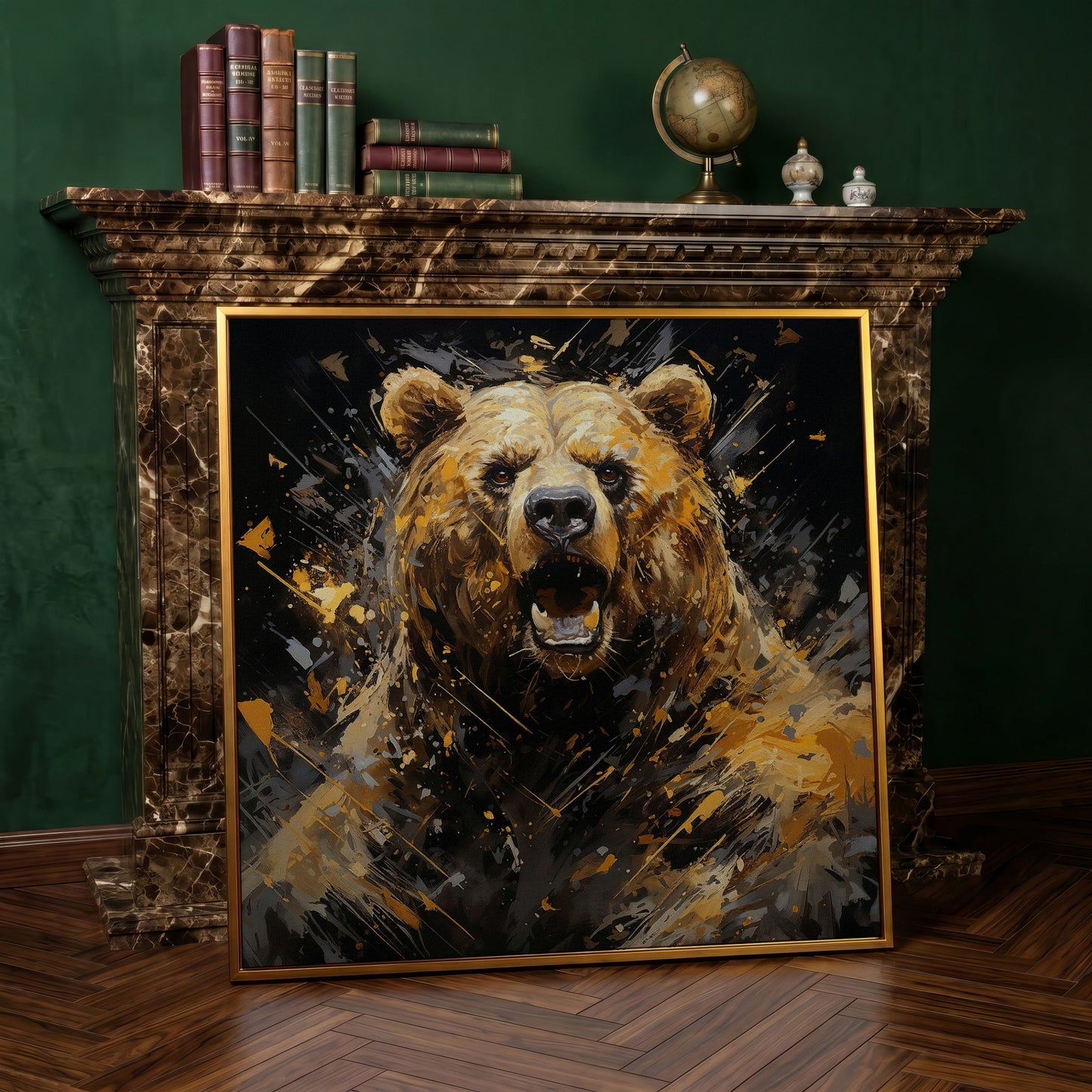 Dangerous Grizzly Bear Canvas in antique gold floating frame