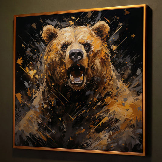Dangerous Grizzly Bear Canvas shown in antique gold floating frame