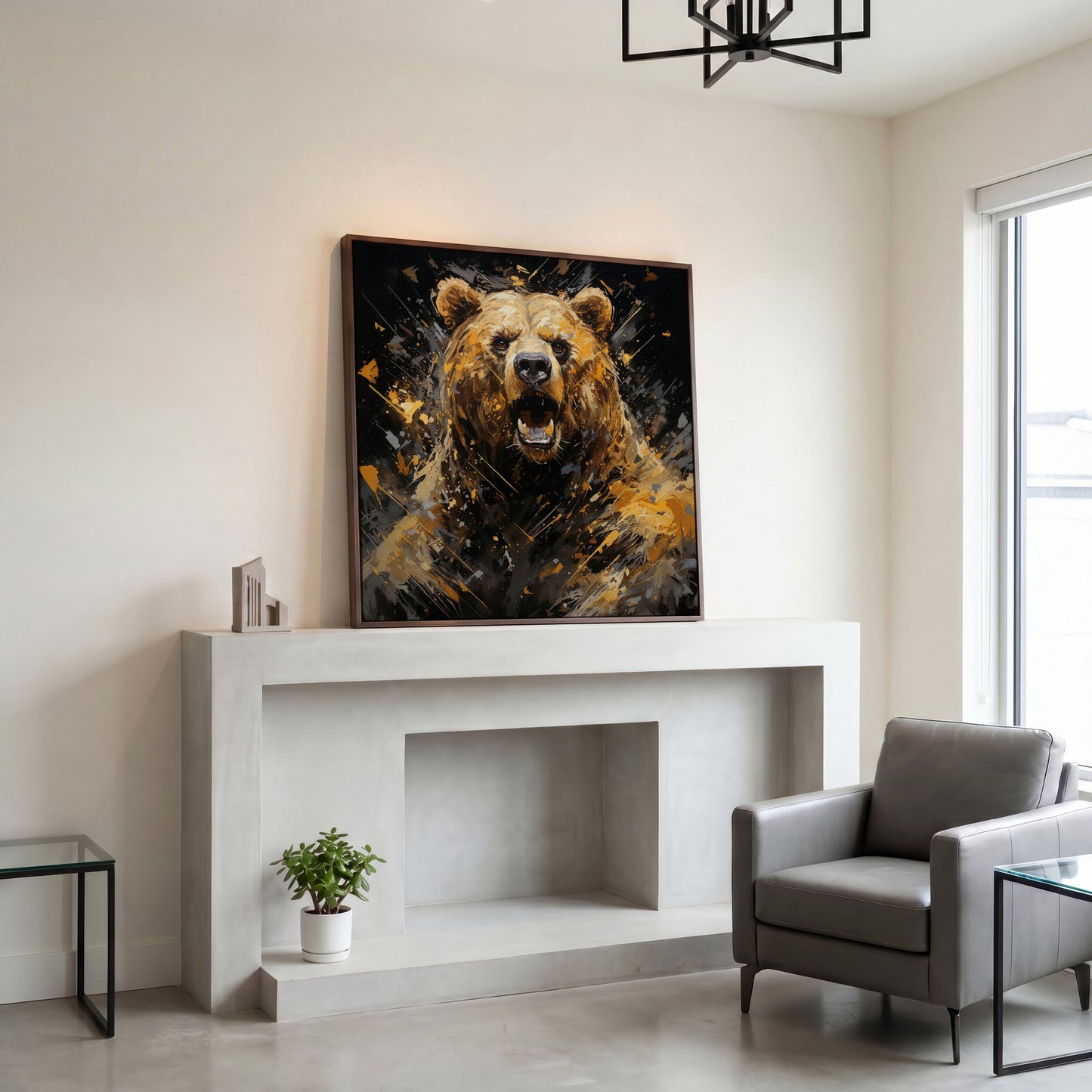 Dangerous Grizzly Bear Canvas in dark walnut floating frame