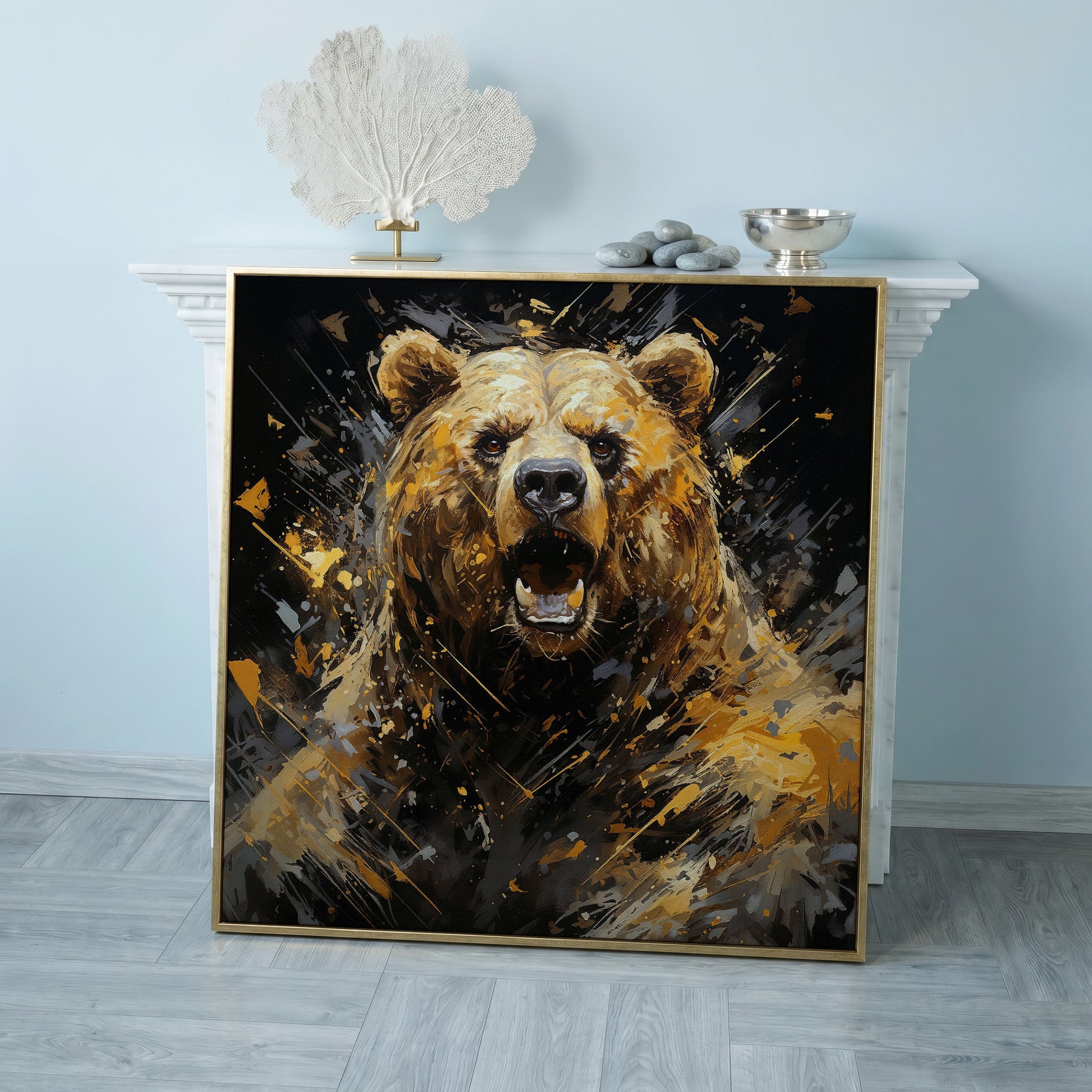Dangerous Grizzly Bear Canvas in rose gold floating frame