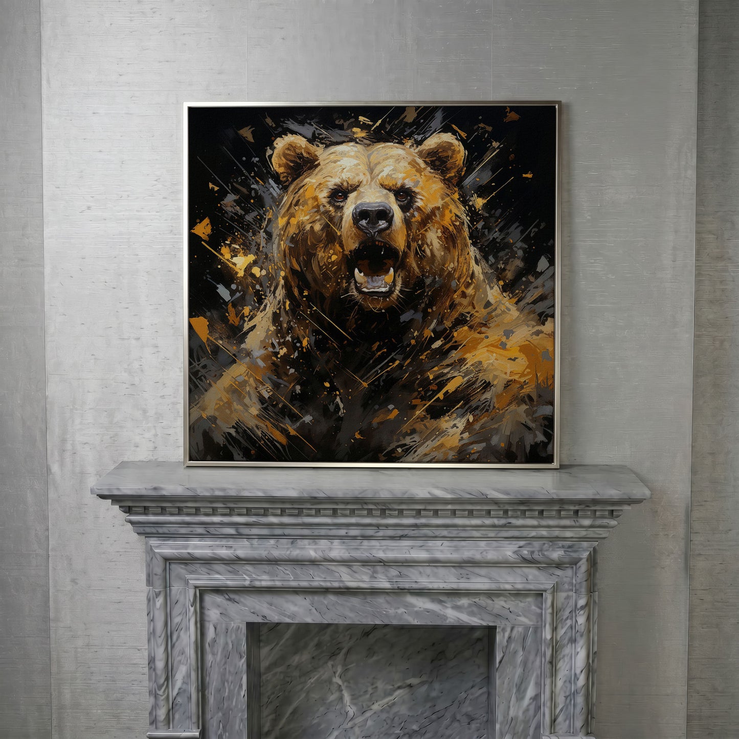 Dangerous Grizzly Bear Canvas in silver floating frame