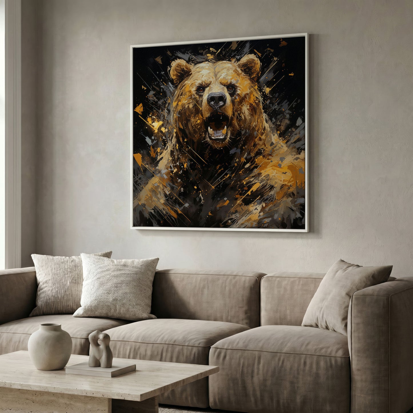 Dangerous Grizzly Bear Canvas in white floating frame