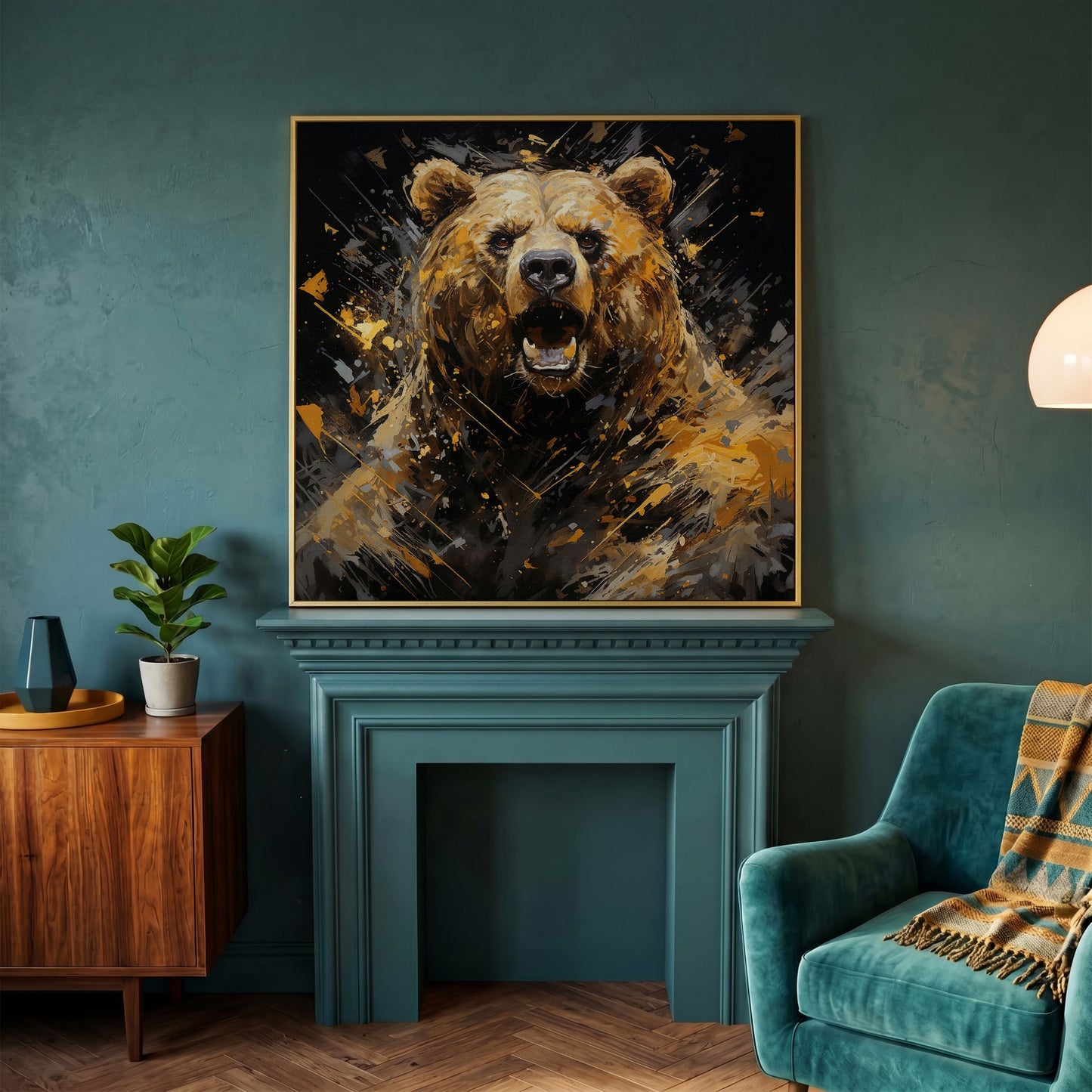 Dangerous Grizzly Bear Canvas in yellow gold floating frame