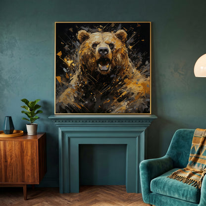 Dangerous Grizzly Bear Canvas in yellow gold floating frame
