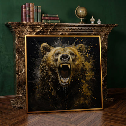 Brown Bear Roar Canvas Print in antique gold floating frame