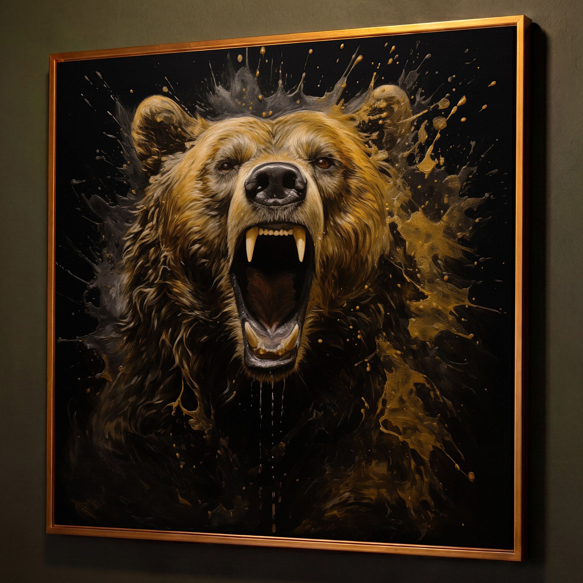 Brown Bear Roar Canvas Print shown in antique gold floating frame