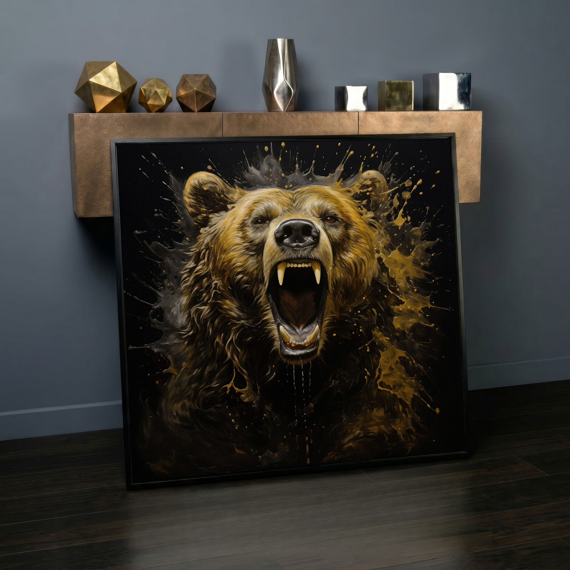 Brown Bear Roar Canvas Print in black floating frame