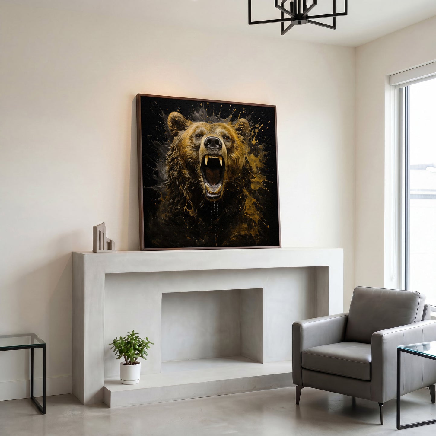 Brown Bear Roar Canvas Print in dark walnut floating frame