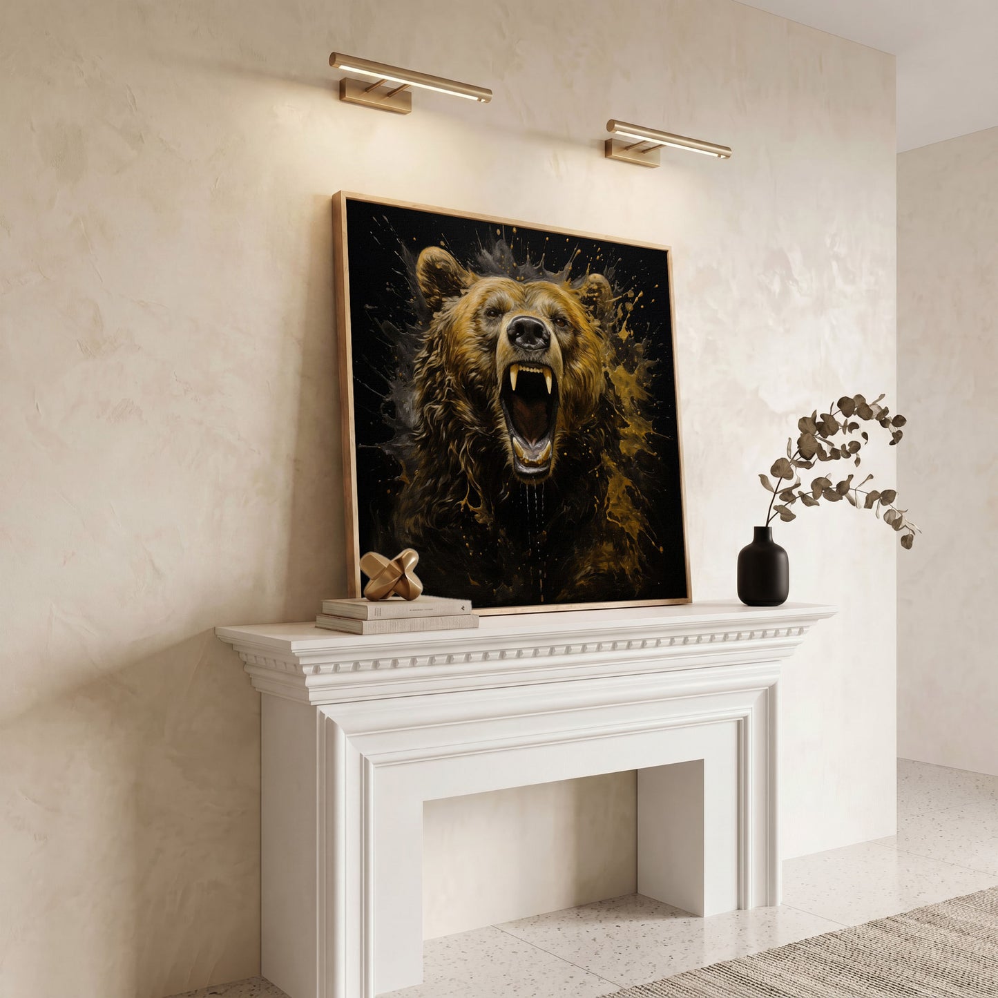 Brown Bear Roar Canvas Print in white oak floating frame